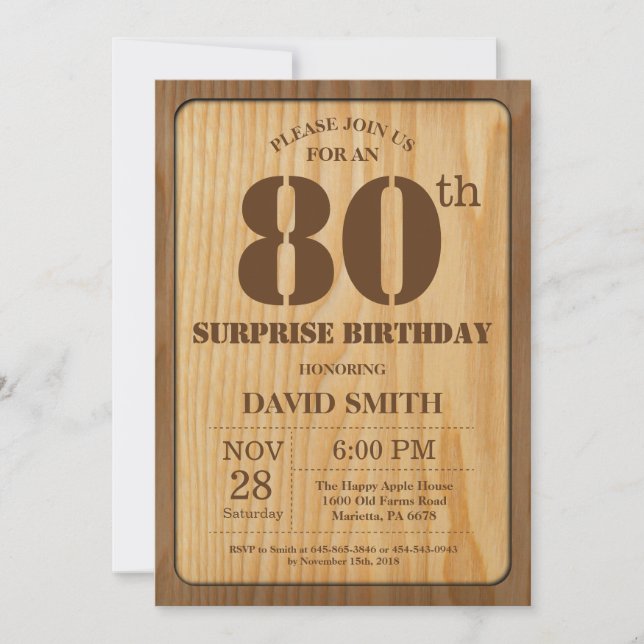 Madera de invitaciones de cumpleaños 80 de Rustic  (Anverso)