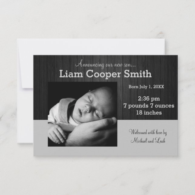 Madera gris/negra con foto - Anuncio de nacimiento (Anverso)