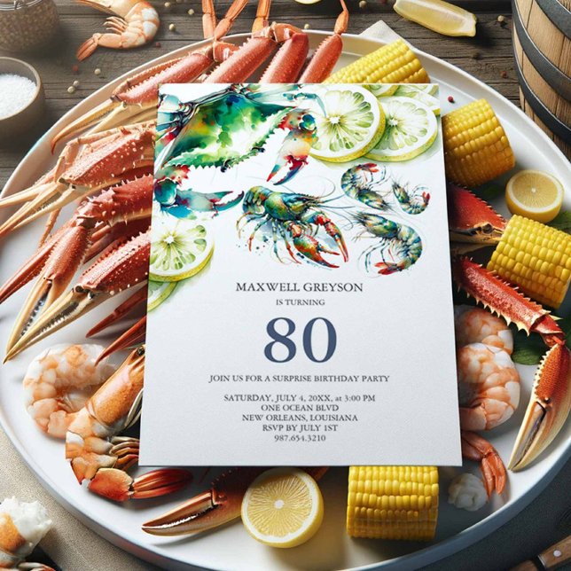 Madera hierve 80 invitaciones de cumpleaños (80th birthday invitations for a man watercolor seafood boil cajun style crab, shrimp and crawfish)