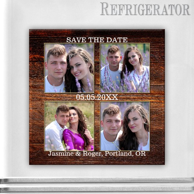 Madera rústica tus 4 fotos ahorran el imán de la f (Save the Date magnet featuring your own 4 photos framed by rustic wood - wedding - engagement)