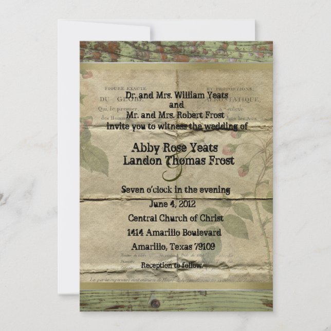 Madera vieja, invitaciones francesas de la boda de (Anverso)