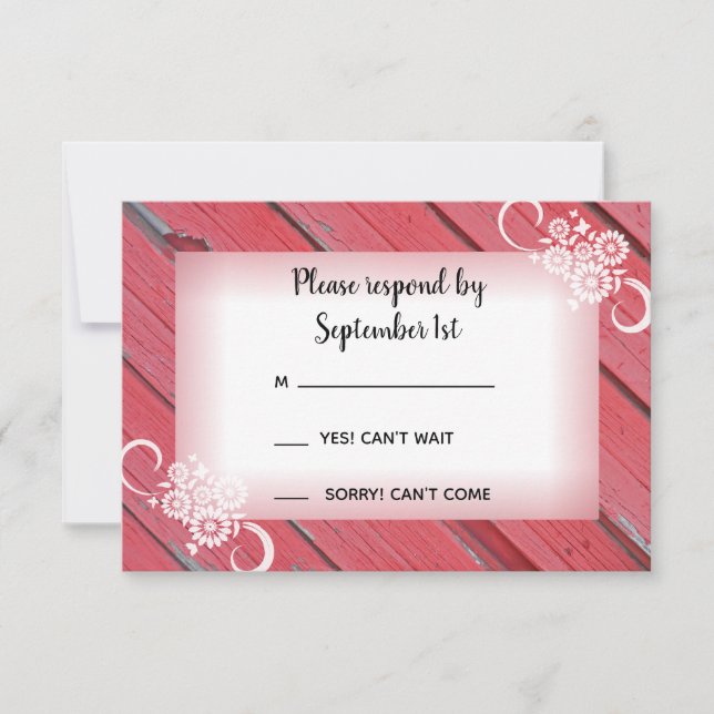 Madera y flores rojas Bodas de campo RSVP (Anverso)
