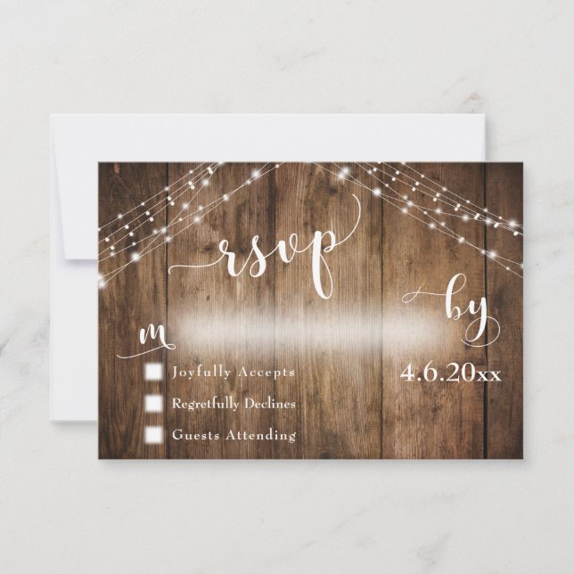 Madera y luces rusas con caligrafía Boda RSVP (Anverso)
