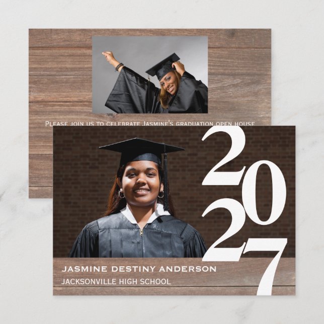 Madera y números grandes - Invitación de graduació (Anverso / Reverso)