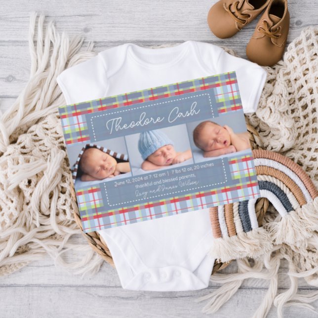 Madras Reprimió Anuncio De Nacimiento De Bebé (madras plaid, baby announcement template, birth announcement, boy birth announcement, traditional)