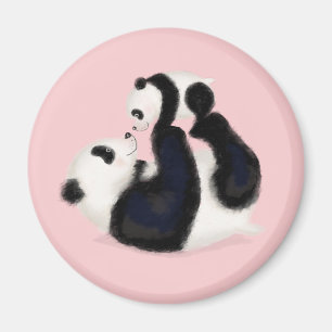 Madre de panda y imán redondo de cachorro (rosa)