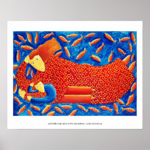 Madre E Hijo Con Pescado De Oro Impresión De Arte