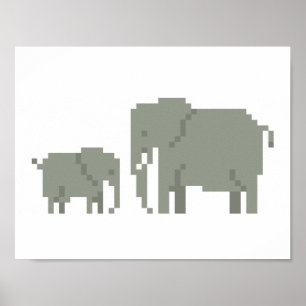 Madre E Hijo Elefante Pixel Poster De Arte