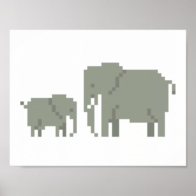 Madre E Hijo Elefante Pixel Poster De Arte (Frente)
