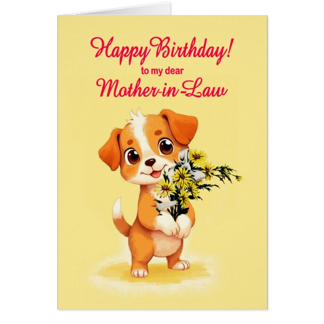 Madre en la ley Cachorro de cumpleaños y flores (Frente)