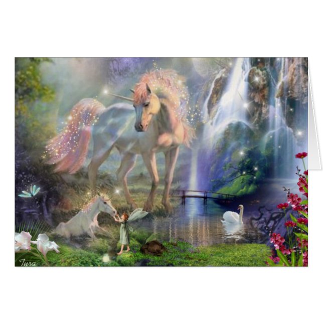 Madre fantasmal Unicornio y bebé en un jardín de h (Anverso (Horizontal))