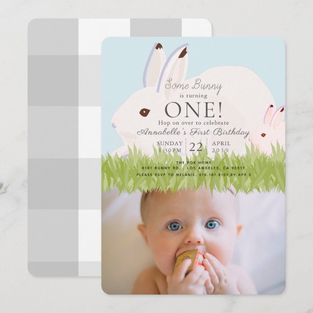 Madre liebre y foto del bebé Invitación al primer  (Anverso / Reverso)