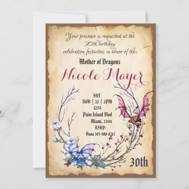 Madre medieval de Dragón Invitación a los 30 años (Anverso)