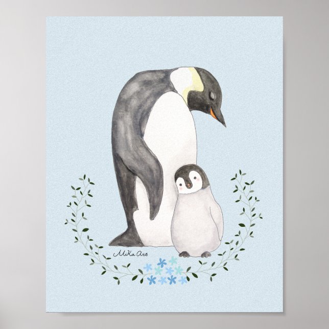 Madre/padre pingüino con bebé arte de guardería de (Frente)