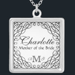 Madre personalizada personalizado del collar de la<br><div class="desc">¡Cambie la fecha, cambie la fuente si usted tiene gusto de otro mejor y después selecciona su color de fondo y usted tiene una joyería nupcial impresionante del regalo o del boda del fiesta! Un fondo caligráfico negro del remolino se sobrepone en cualquier color que usted seleccione. Para cambiar personalizar...</div>