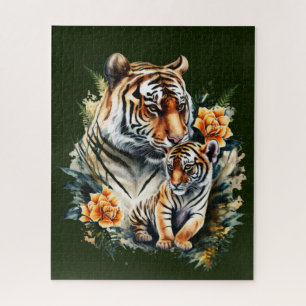Madre tigre con su rompecabezas de cubo