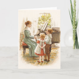 Madre Vintage Y Niños Con Tarjeta De Piano