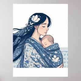 Madre y bebé - Arte de abrazo floral azul