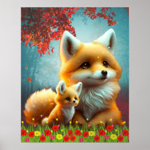 Madre y bebé zorro naranja lindo Arte Guardería