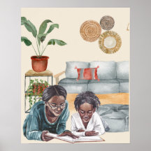 Madre y hija negras leyendo arte mural