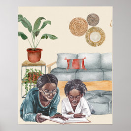 Madre y hija negras leyendo arte mural