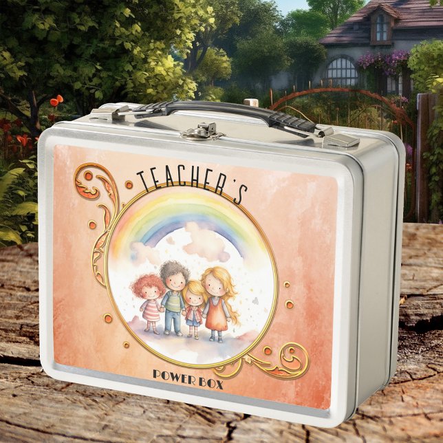 Maestría en Arcoiris de Cute Kids Terra Cotta (Lunch Box featuring a cute watercolor painting of children holding hands under the rainbow.)