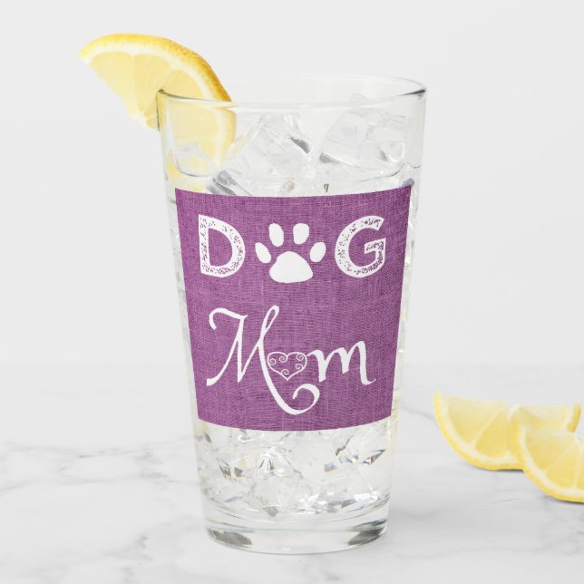 Magenta Burlap Dog Mom Glass Cup (Anverso (hielo))