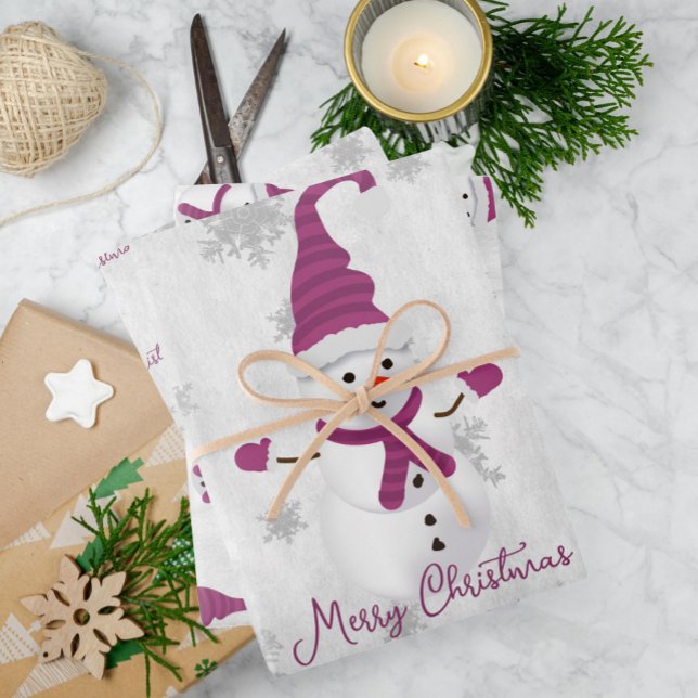 Magenta Cute Snowman Envolver hojas de papel (Magenta Cute Snowman Wrapping Paper Sheets)
