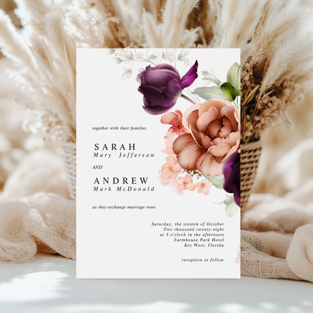 Magenta Flores Invitación a la boda mínima moderna (Subido por el creador)