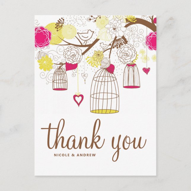 Magenta y aves amarillas gracias postal (Anverso)