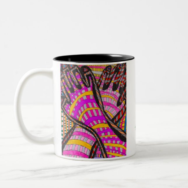 Magenta y tazas de café de manos amarillas (Izquierda)