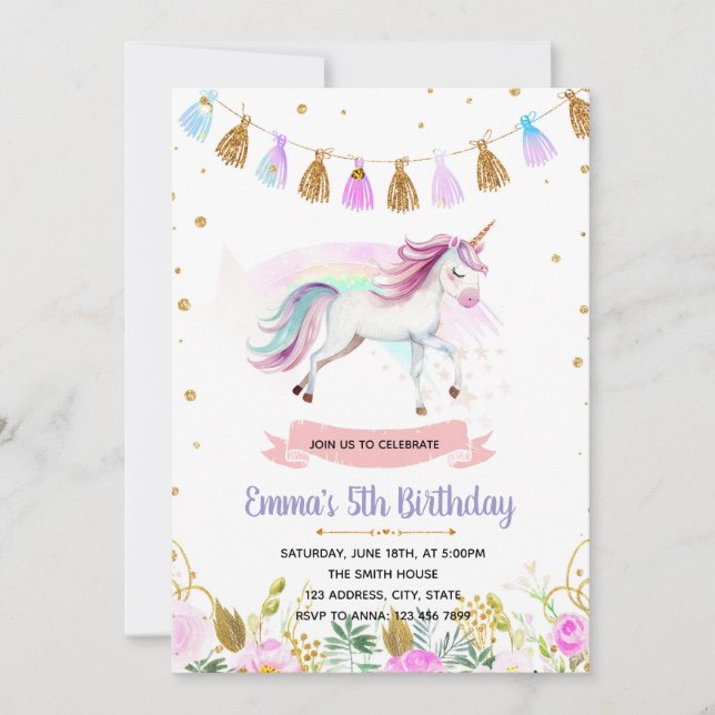 Magia invitación de cumpleaños de unicornio (Anverso)