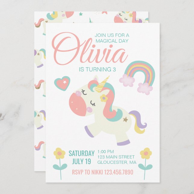 Magia unicornio invitación a fiesta de cumpleaños  (Anverso / Reverso)