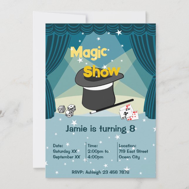 Magic Show Kids 8Birthday Party Invitation Card (Anverso)