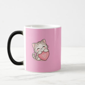 Mágica Gato Adorable con Taza Rosa Corazón – Gato Kawaii 