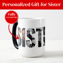 Taza con collage de fotos de hermanas con cambio d