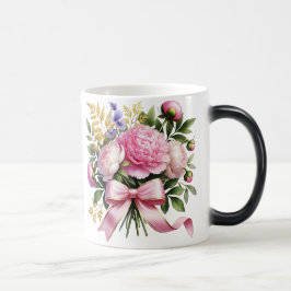 Mágica Taza con ramo de peonía rosa, elegante taza de caf