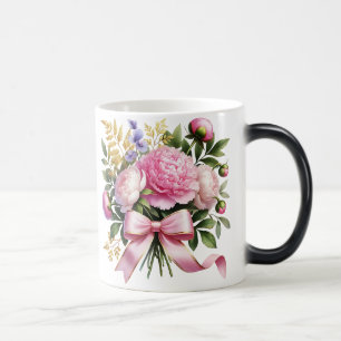 Mágica Taza con ramo de peonía rosa, elegante taza de caf