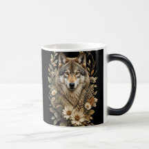 Taza con un lobo majestuoso y naturaleza floral de