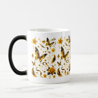 Mágica Taza floral de mariposa dorada | Asa negra elegant