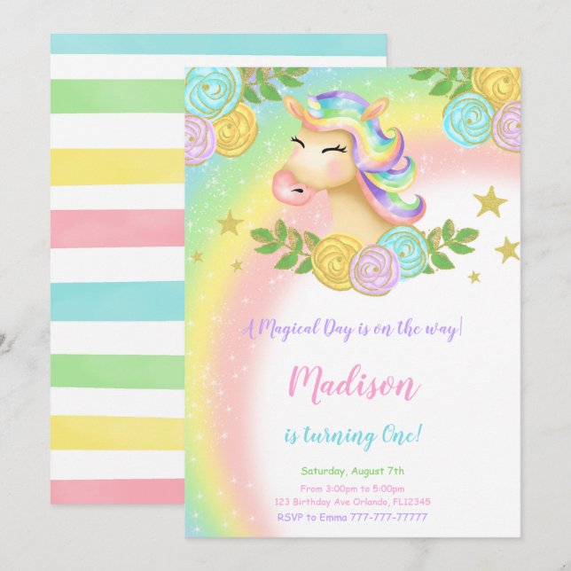 Magical 1ª invitación a unicornio por cumpleaños (Anverso / Reverso)