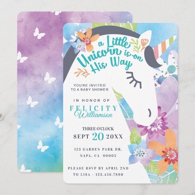 Magical Floral Unicornio Niño Niño Invitación a du (Anverso / Reverso)