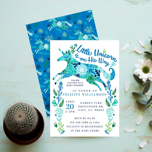 Magical Floral Unicornio Niño Niño Invitación a du (Magical Floral Unicorn Baby Boy Shower Invitation)
