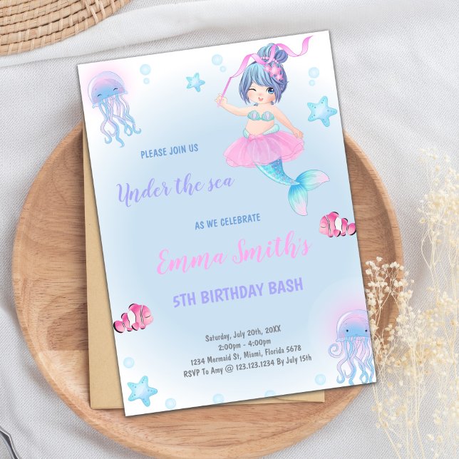 Magical Under the Sea Invitaciones para Chicas (Blue Green Cloud Mermaid Birthday Invitations)