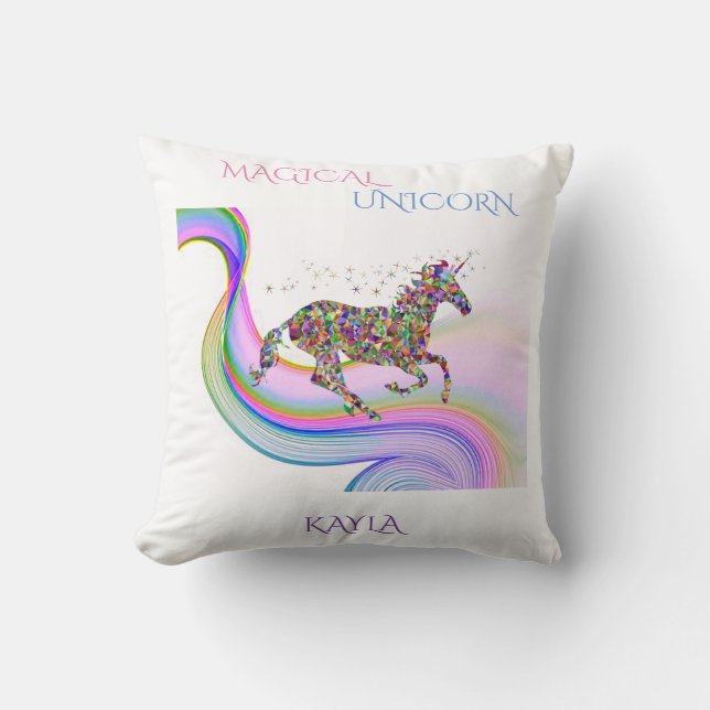 Magical unicornio arroja almohada con el nombre de (Anverso)