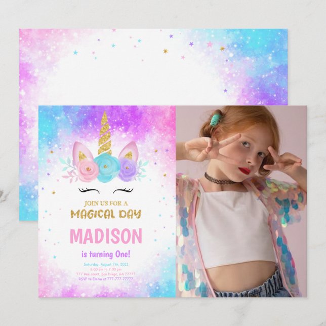 Magical Unicornio - Invitación a la foto de cumple (Anverso / Reverso)