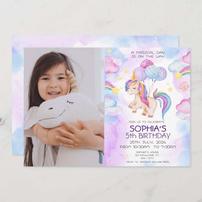 Magical unicornio invitación al arco iris (Anverso / Reverso)