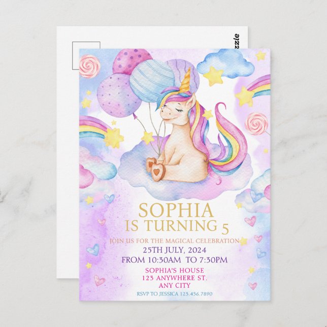 Magical unicornio invitación al arco iris (Anverso / Reverso)