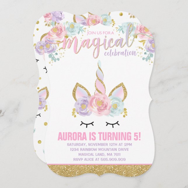 Magical unicornio invitación de cumpleaños a unico (Anverso / Reverso)