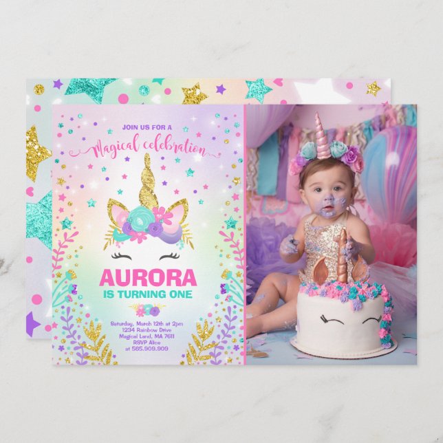 Magical unicornio invitación de cumpleaños a unico (Anverso / Reverso)
